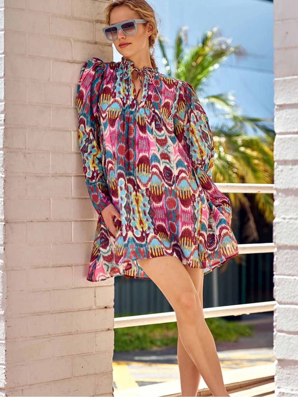 NEW Maria Cher Olite Dress Size M Colorful Ikat Print With Long Puff Sleeves NWT - Picture 1 of 11